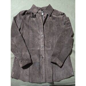 VTG Nygard 100% Leather Womens Size 12 Jacket / Shacket Brown Suede Button Front